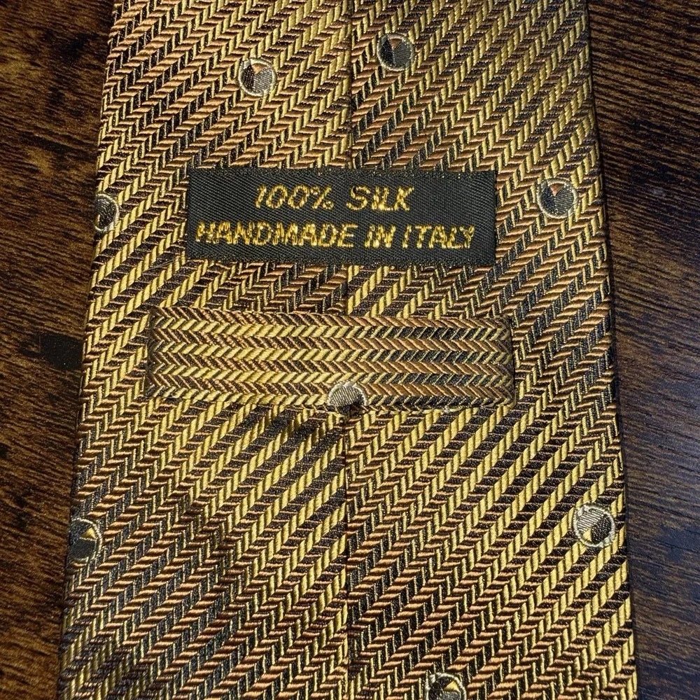 Mens Italian Silk Neck‎ Tie Gold Brown Black Herringbone Geometric